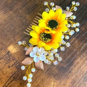 🌻 Sunflower Hair Comb Rose Gold Leaf Crystal Pearl Hair Accessory